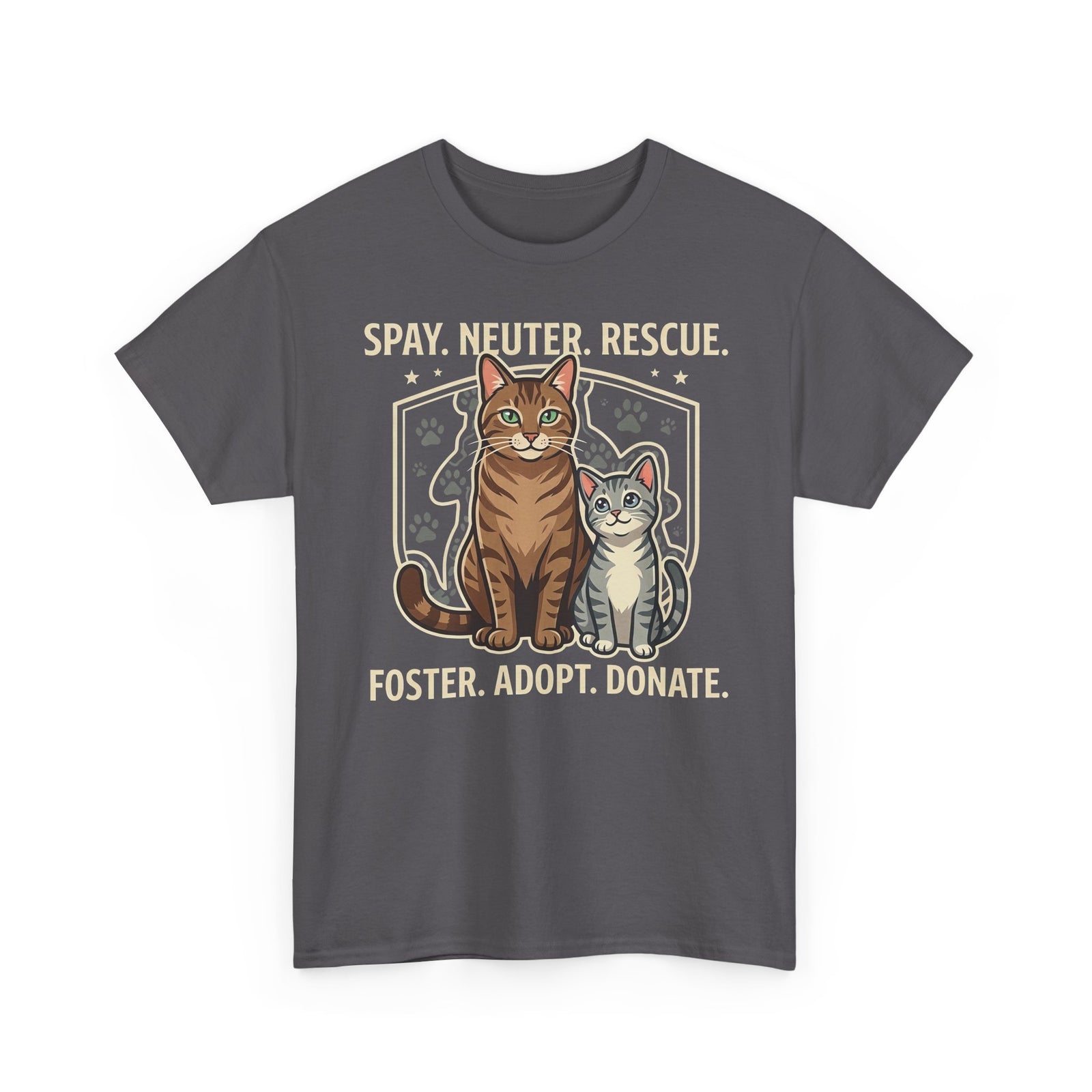 Cat Rescue T-Shirt - "Spay. Neuter. Rescue. Foster. Adopt. Donate." Animal Shelter Support Tee