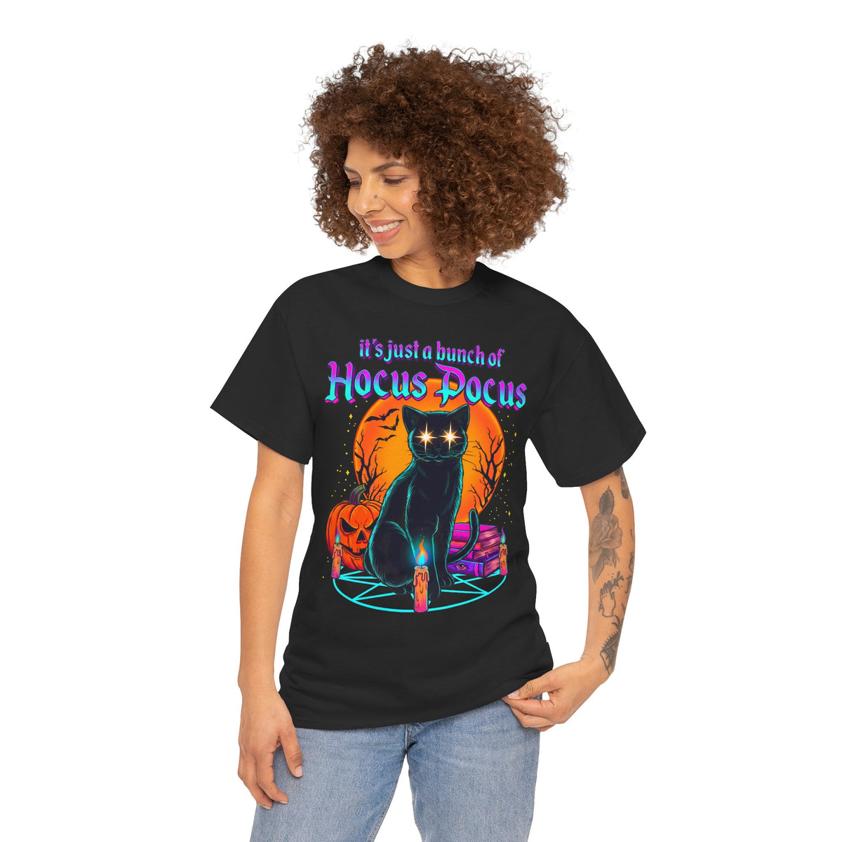 It's Just A Bunch Of Hocus Pocus Black Cat T-Shirt — Witchy Halloween Magic Tee
