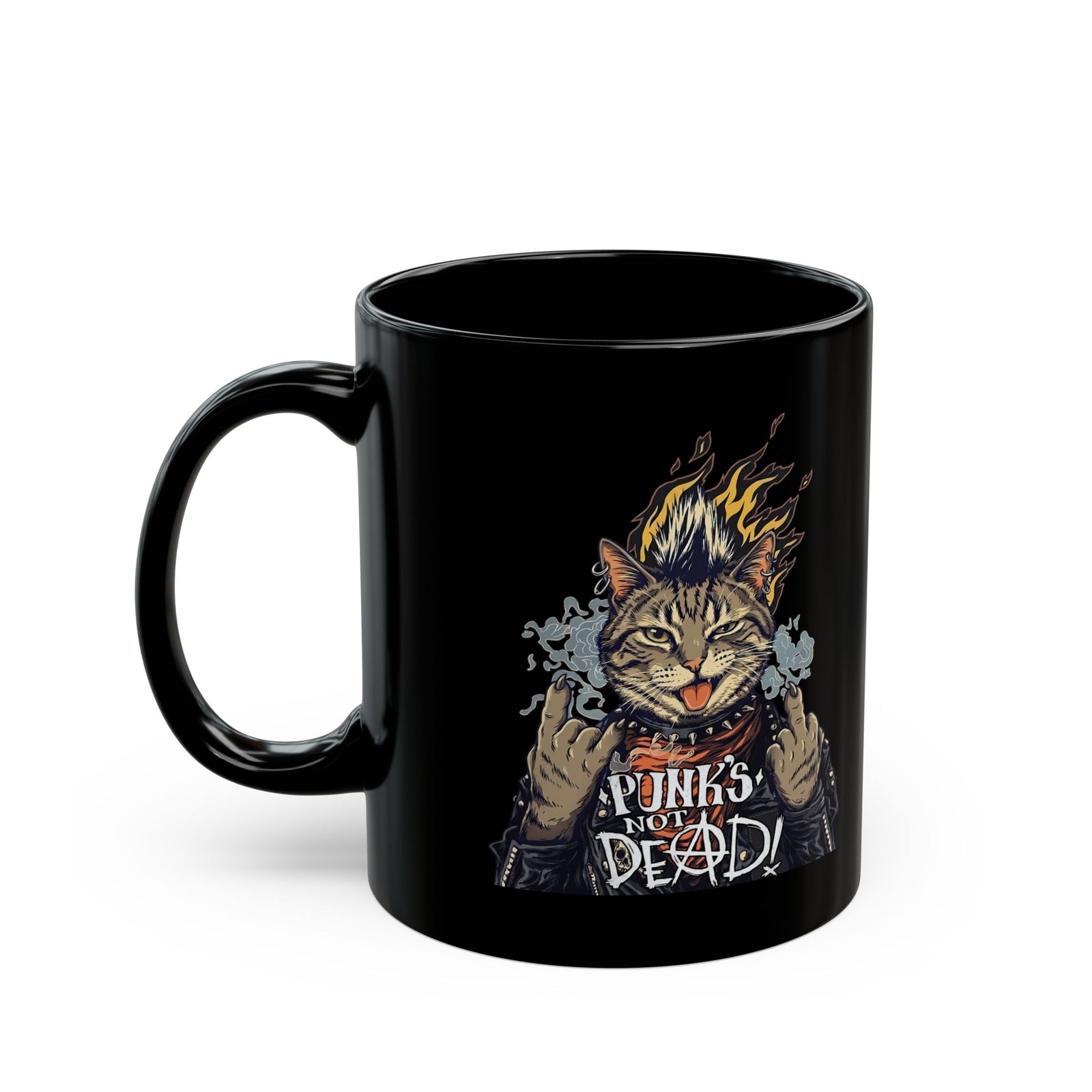 Punks Not Dead Cat Black Mug — Funny Rebel Punk Rock Tabby Mug
