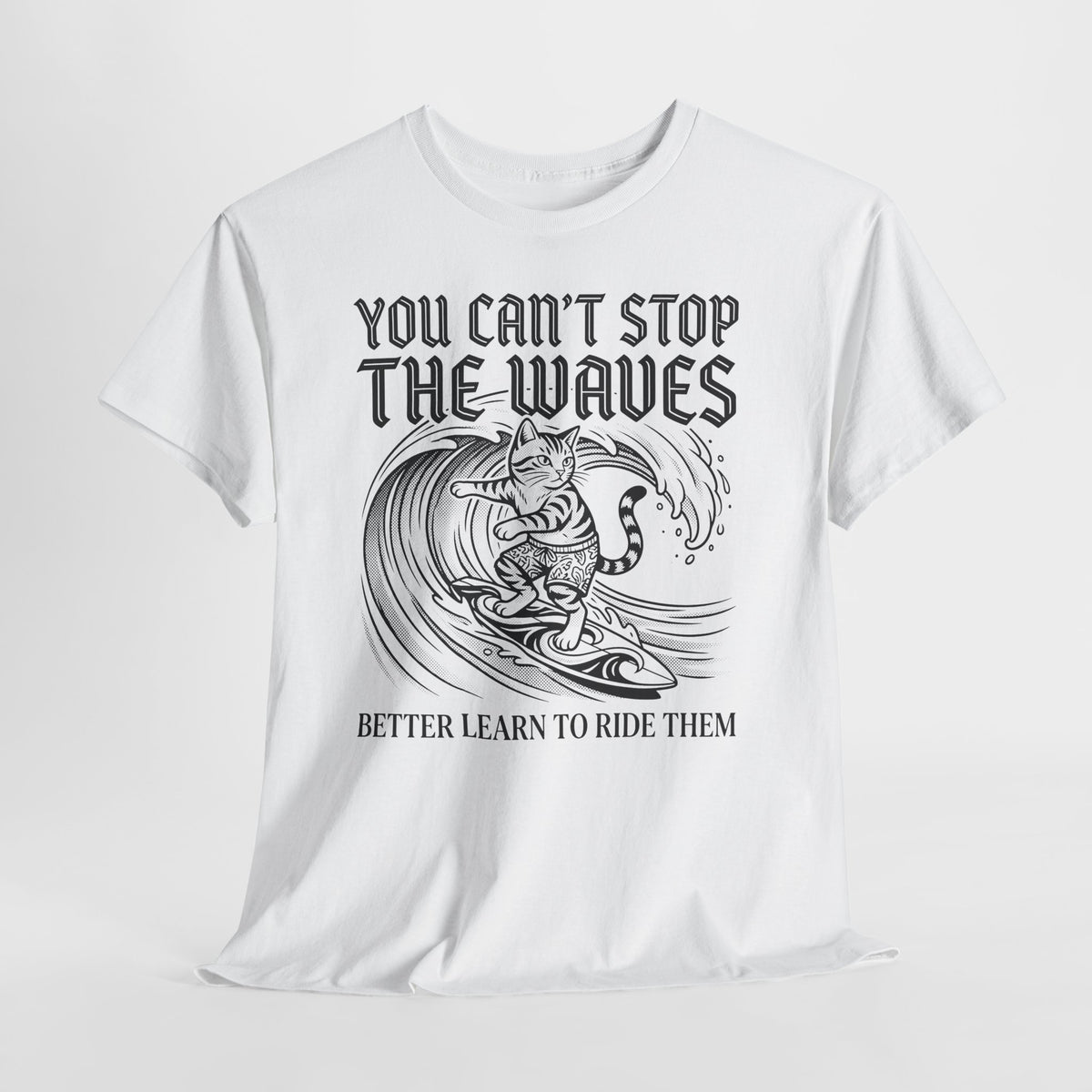 Vintage Surfer Cat T-Shirt — Monochrome Ocean Waves Graphic Tee