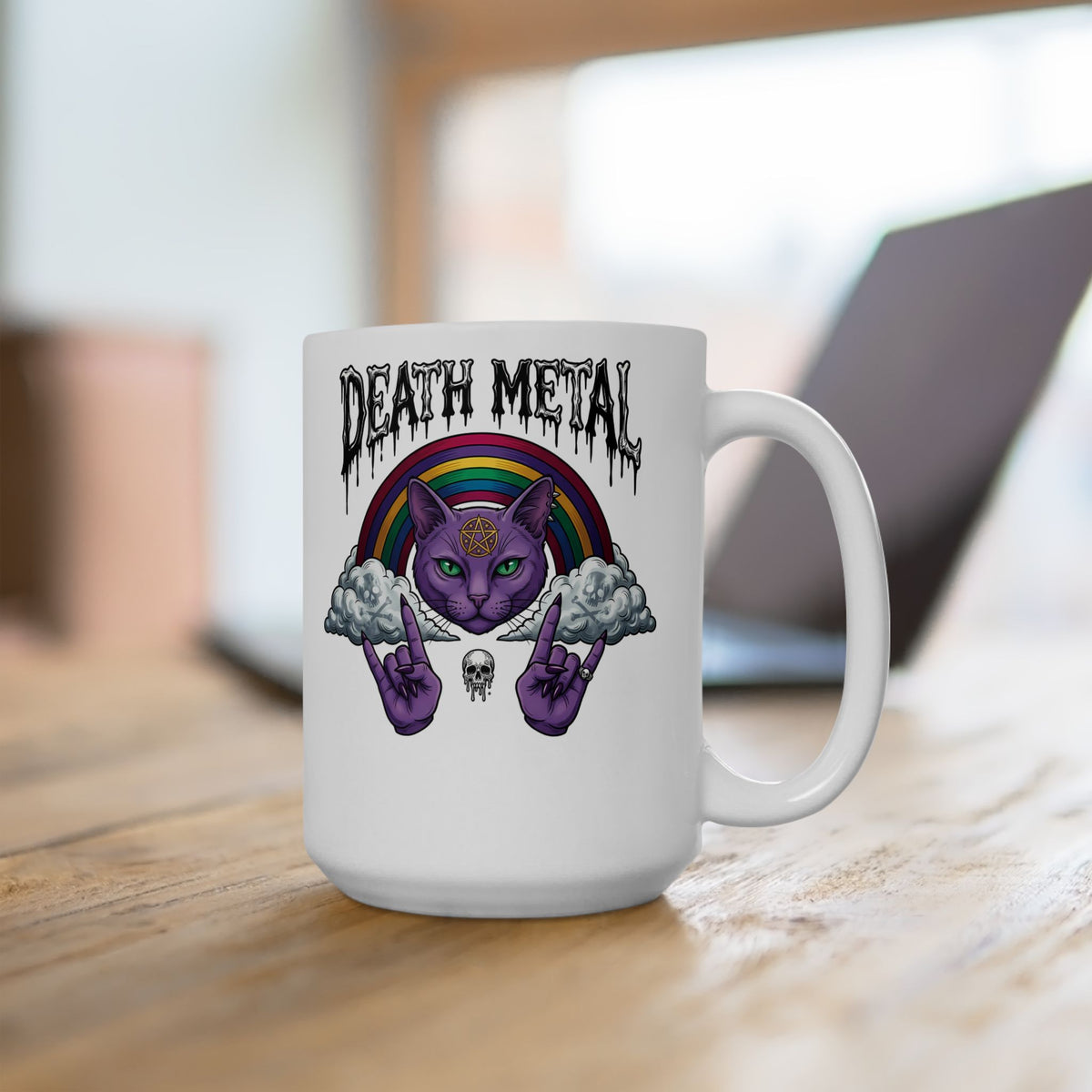 Death Metal Cat Ceramic Mug — Gothic Black Cat Mug for Metal Fans