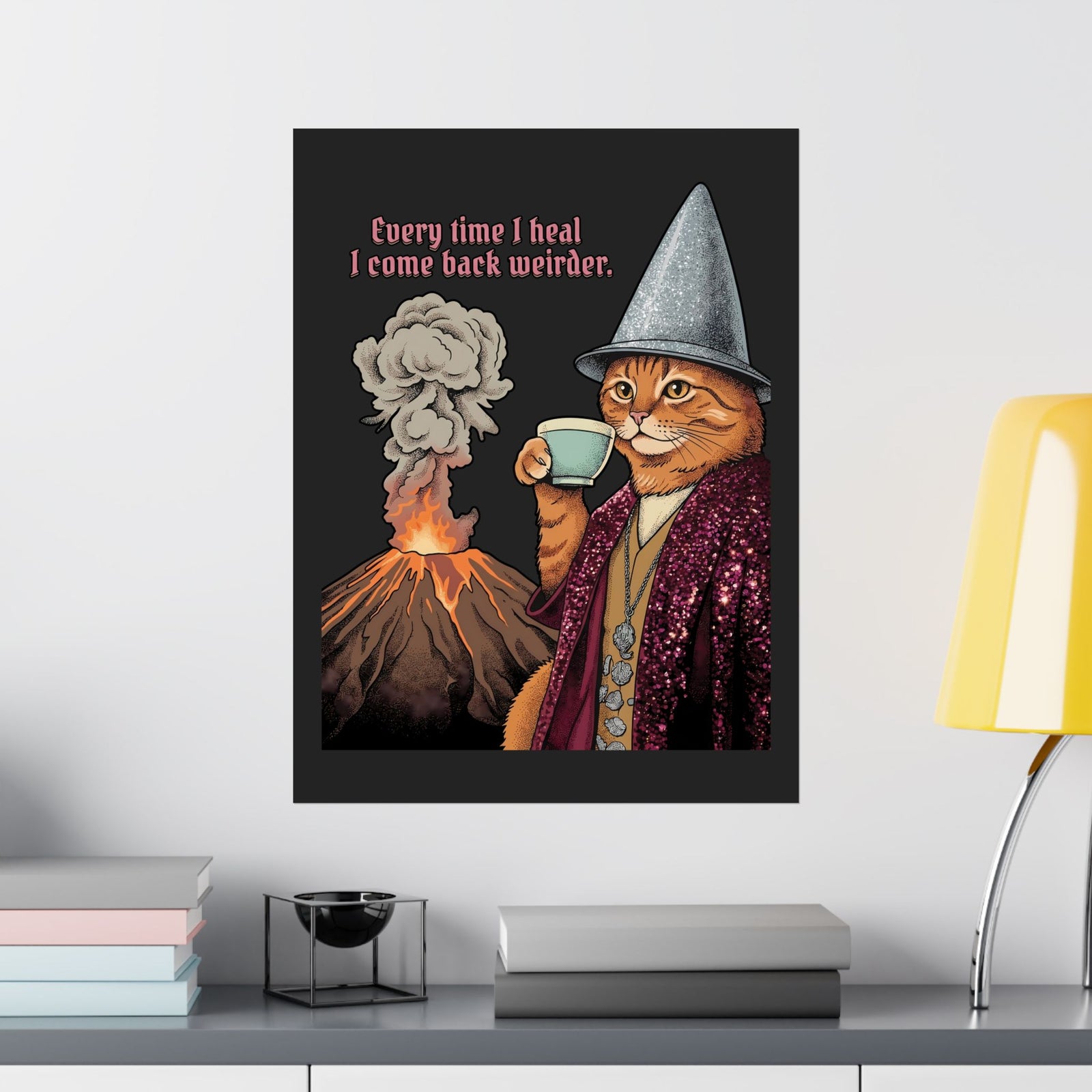 Weird Healing Journey Cat Poster — Retro Feline Tea Time Aesthetic Poster