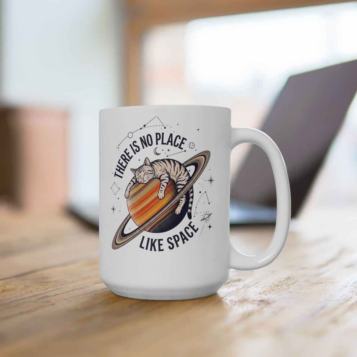 There Is No Place Like Space Ceramic Mug — Funny Sleeping Cat Saturn Mug
