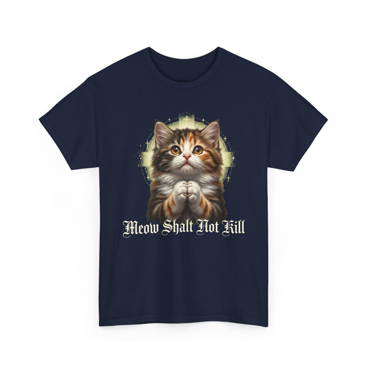 Praying Kitten T‑Shirt — "Meow Shalt Not Kill" Cute Vintage Cat Tee