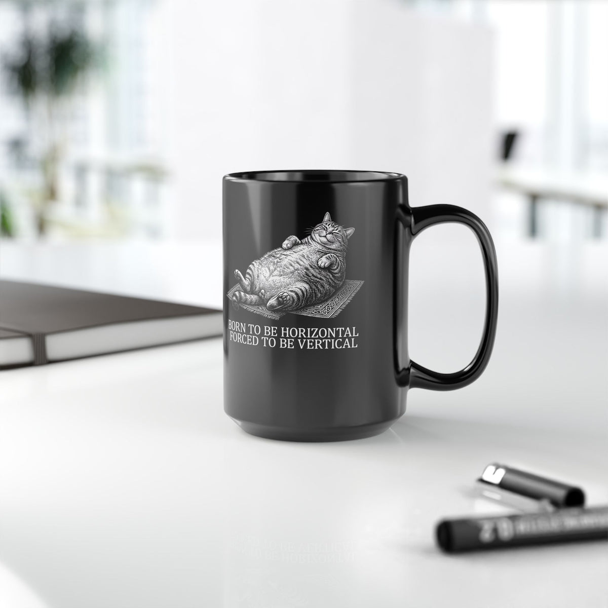 Born to Be Horizontal Fat Cat Black Mug — Funny Lazy Cat Mug