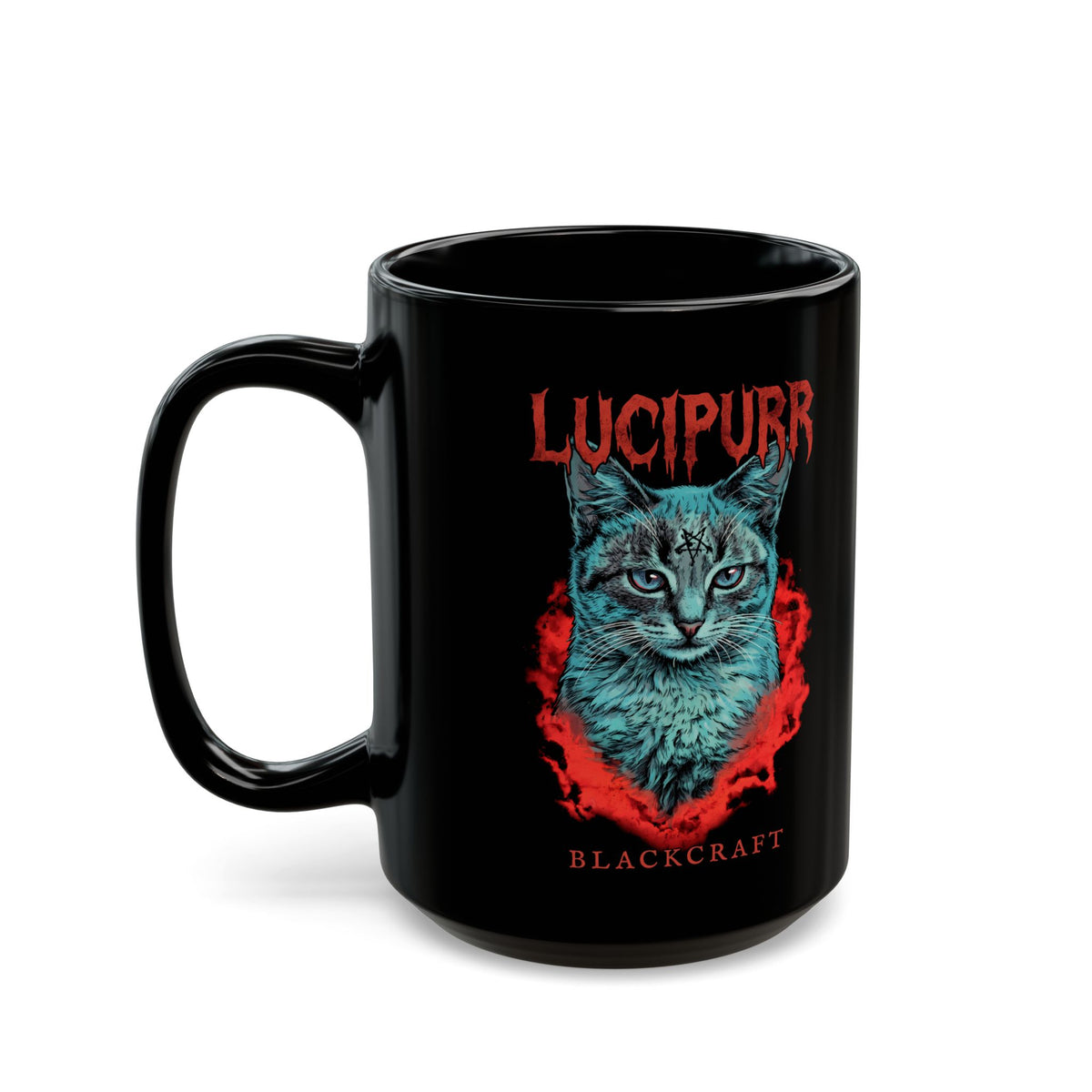 Lucipurr Blackcraft Black Mug — Edgy Heavy Metal Satanic Cat Graphic Mug