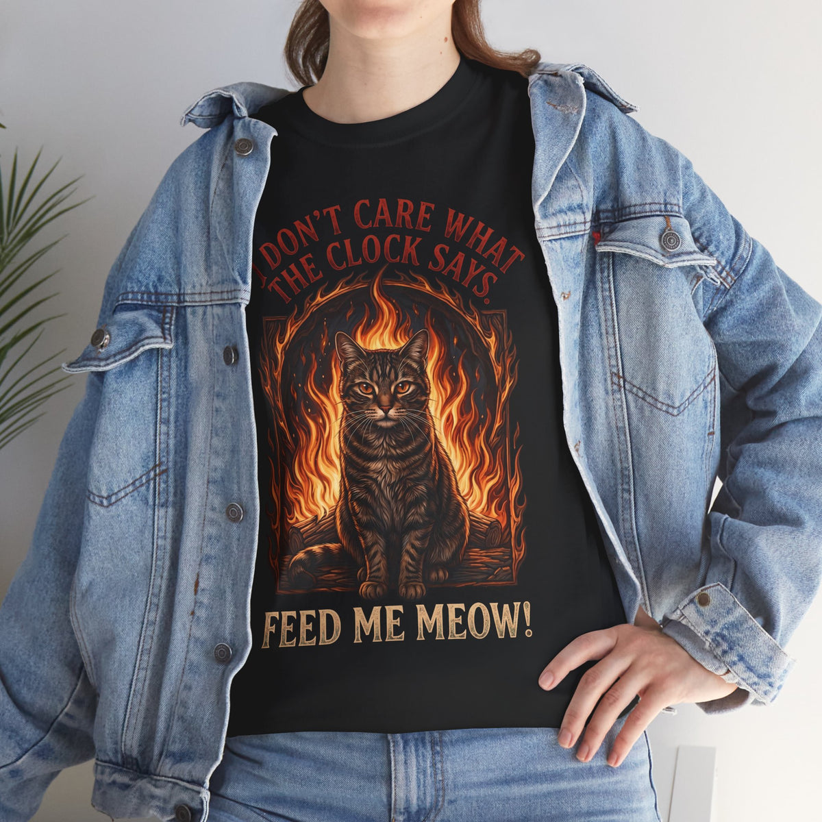 Feed Me Meow T-Shirt — Funny Hungry Tabby Cat Fiery Graphic Tee