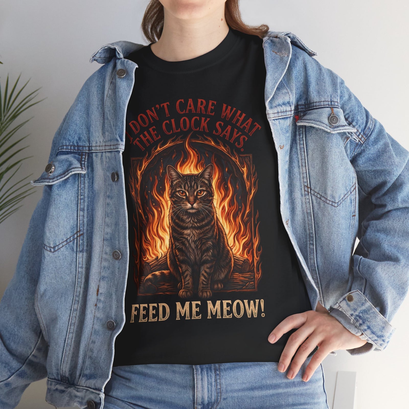 Feed Me Meow T-Shirt — Funny Hungry Tabby Cat Fiery Graphic Tee