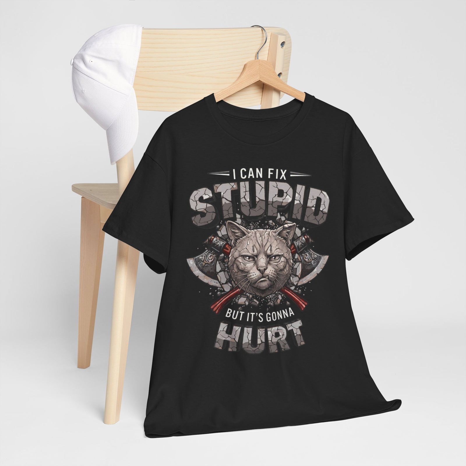 I Can Fix Stupid But It's Gonna Hurt T-Shirt — Edgy Battle Axe Cat Tee