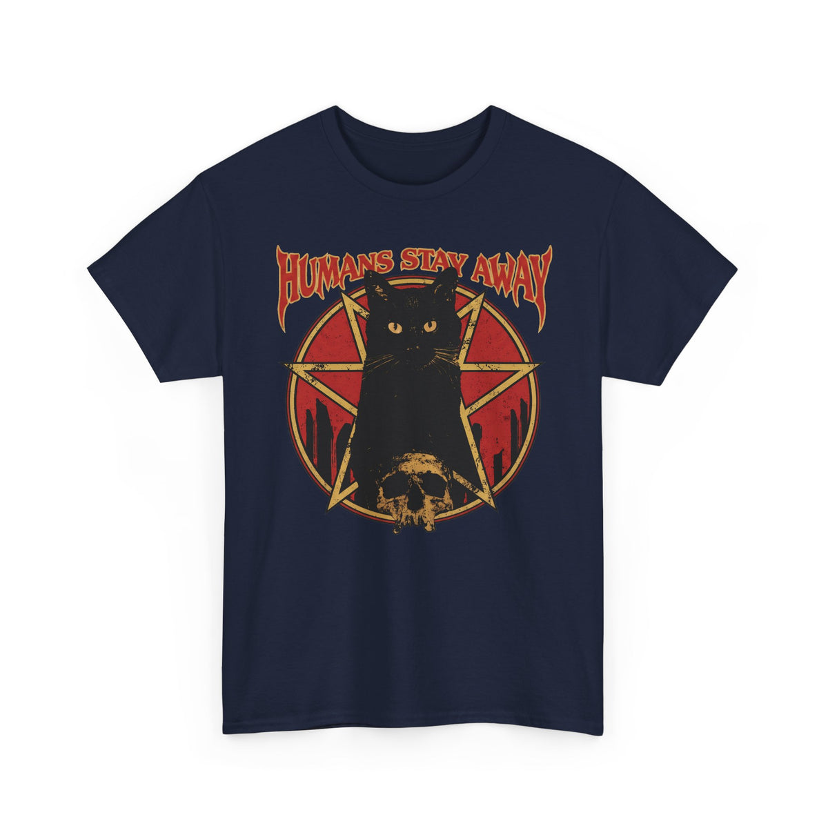 Humans Stay Away Black Cat T-Shirt — Heavy Metal Occult Pentagram Tee