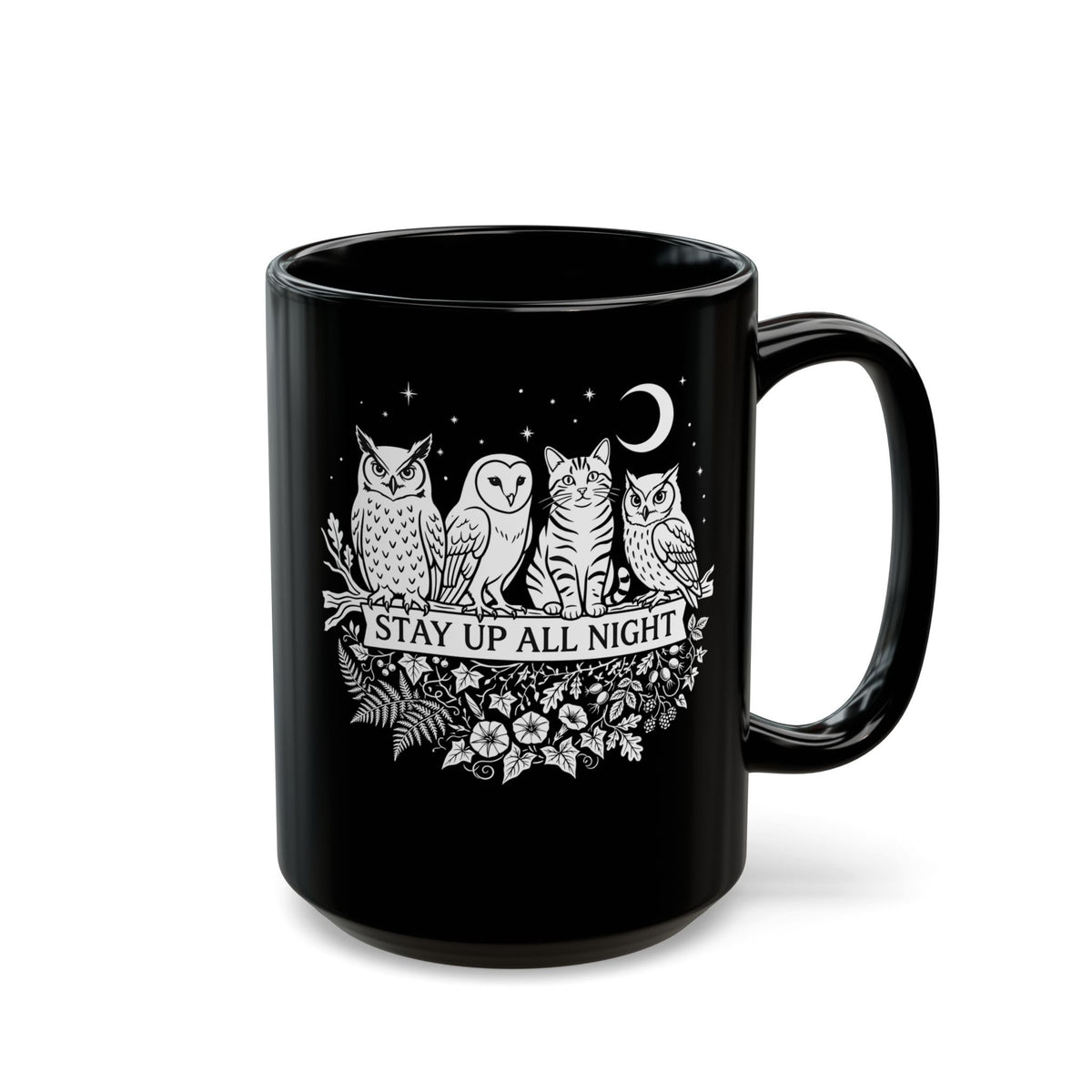 Cat Stays Up All Night Black Mug — Cute Night Owl Cat Mug