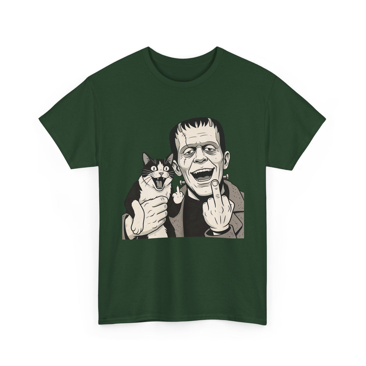Frankenstein Cat T‑Shirt — Cute Spooky Cat & Frankenstein Design