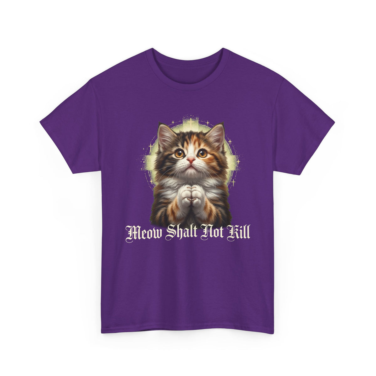 Praying Kitten T‑Shirt — "Meow Shalt Not Kill" Cute Vintage Cat Tee