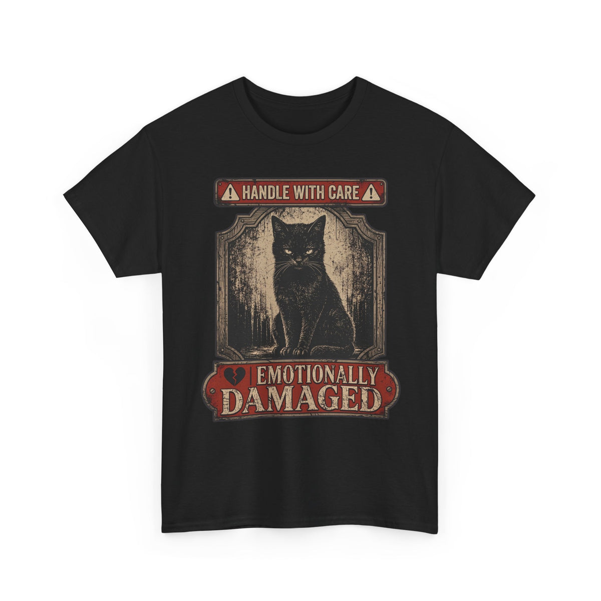 Emotionally Damaged Cat T-Shirt – "Handle With Care" Vintage Black Tee