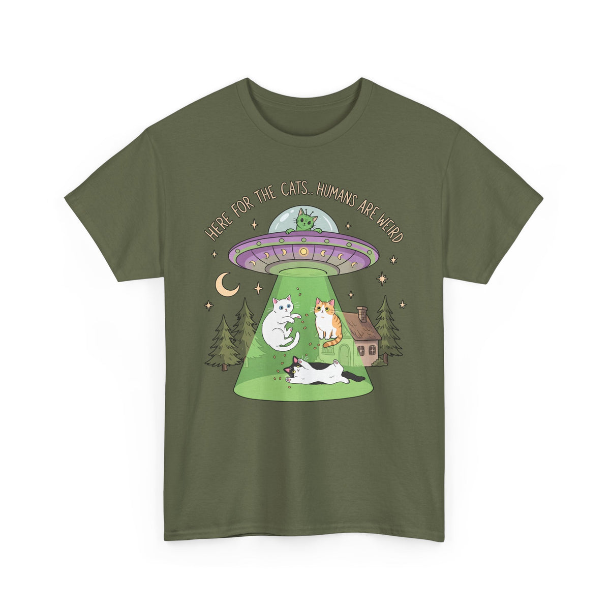 Here For The Cats Humans Are Weird T-Shirt — Funny Alien UFO Cat Tee