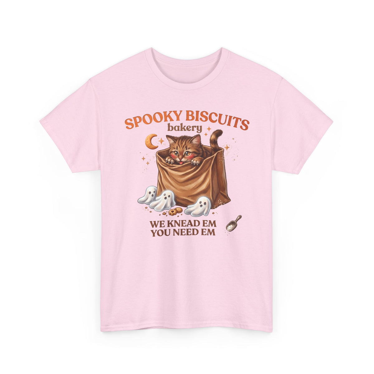 Spooky Biscuits Bakery Cute Tabby Cat T-Shirt — Whimsical Kneading Feline Tee