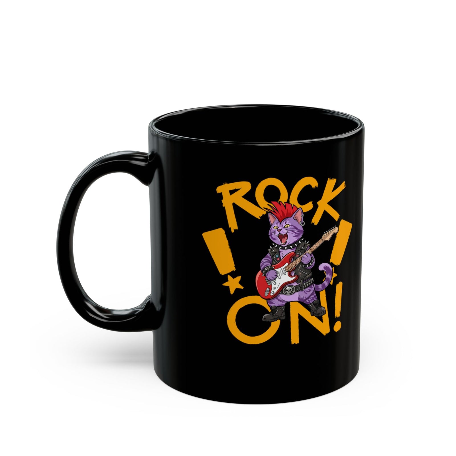 Rock On Punk Rock Cat Black Mug — Purple Feline Mohawk Electric Guitar Mug