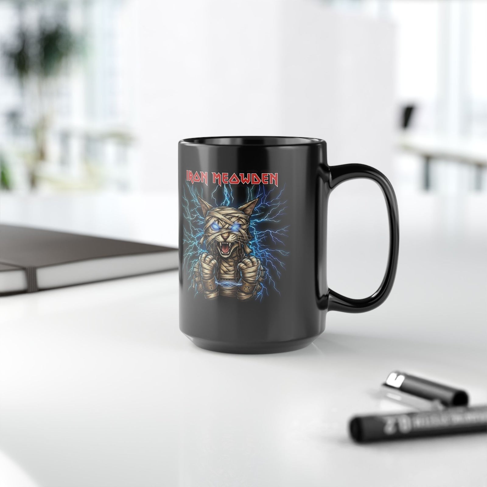 Iron Meowden Cat Black Mug — Heavy Metal Kitty Graphic Mug