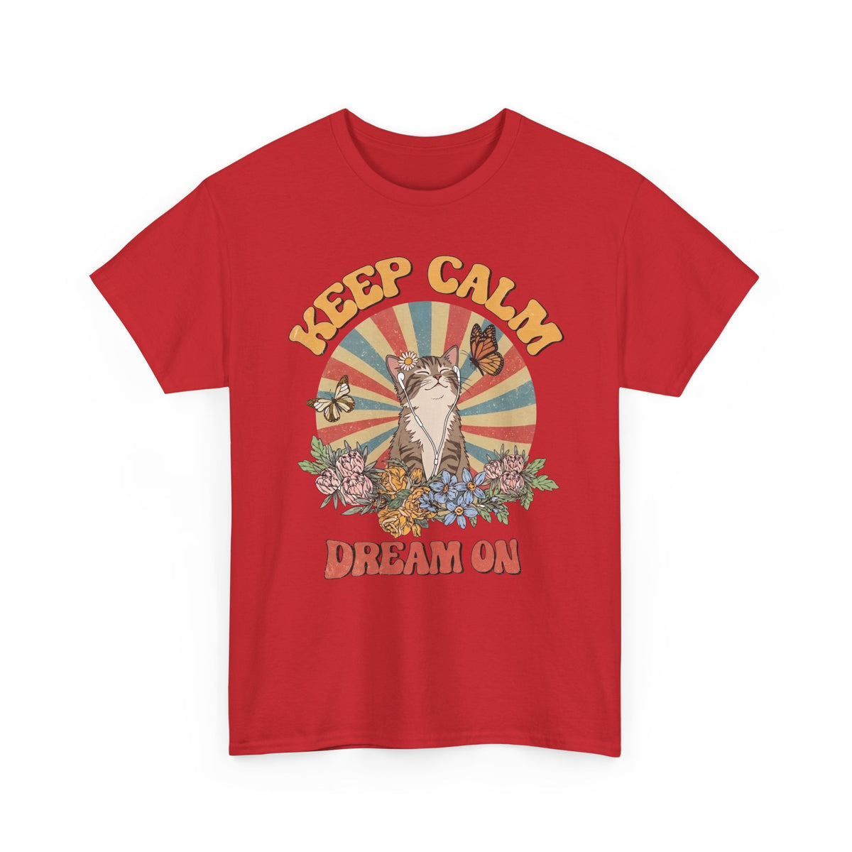 Keep Calm Dream On Cat T-Shirt — Retro 70s Hippie Feline Graphic