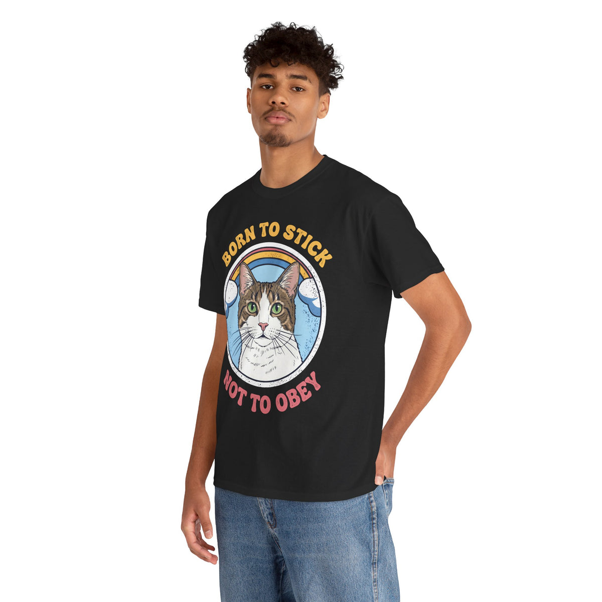Born To Stick Not To Obey T-Shirt — Retro Rainbow Cat Graphic Tee