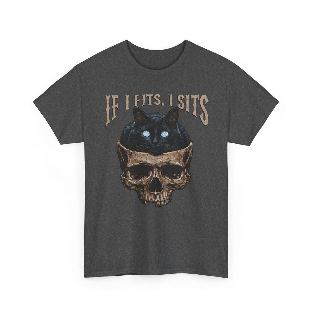If I Fits I Sits Cat T-Shirt — Funny Gothic Black Cat Skull Graphic