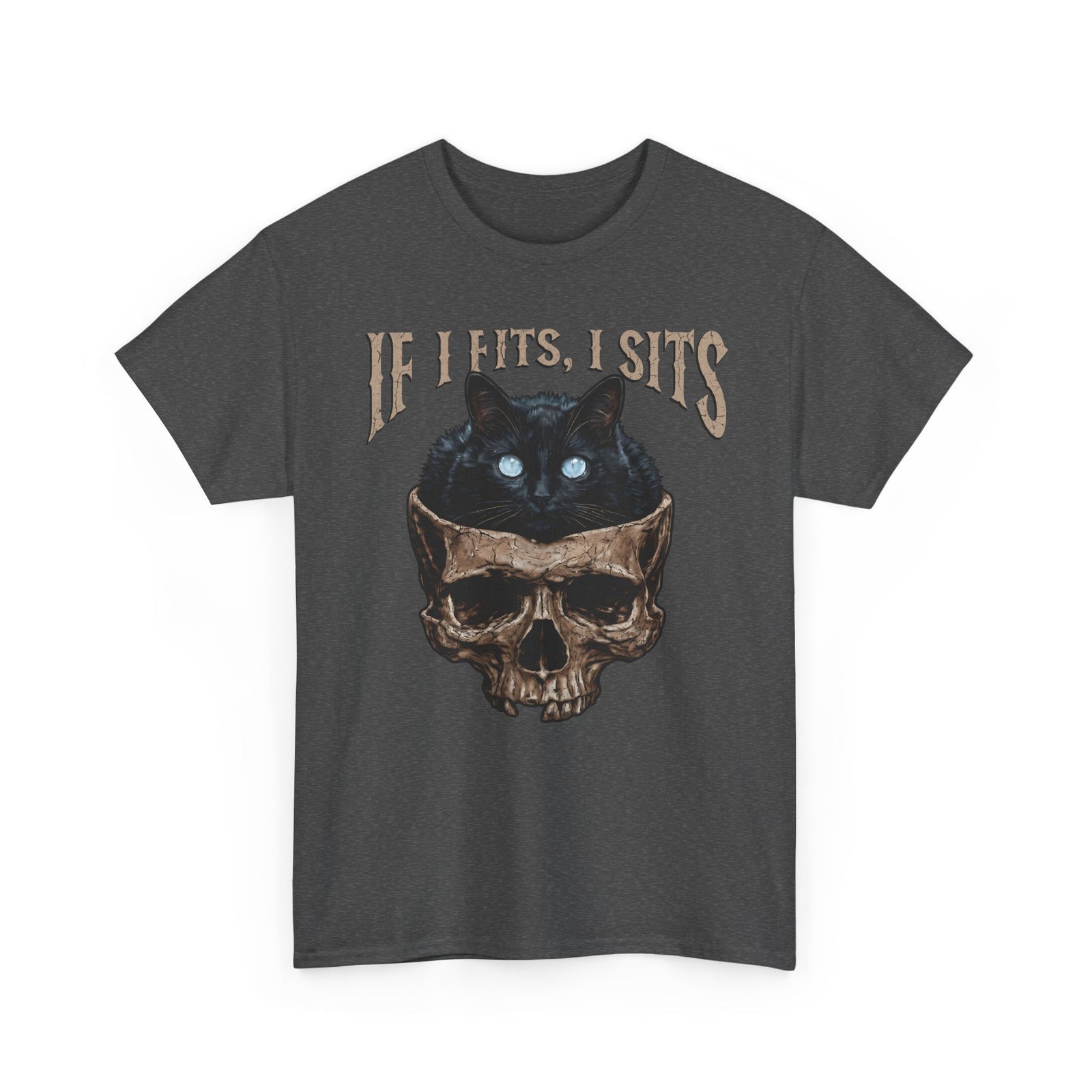 If I Fits I Sits Cat T-Shirt — Funny Gothic Black Cat Skull Graphic