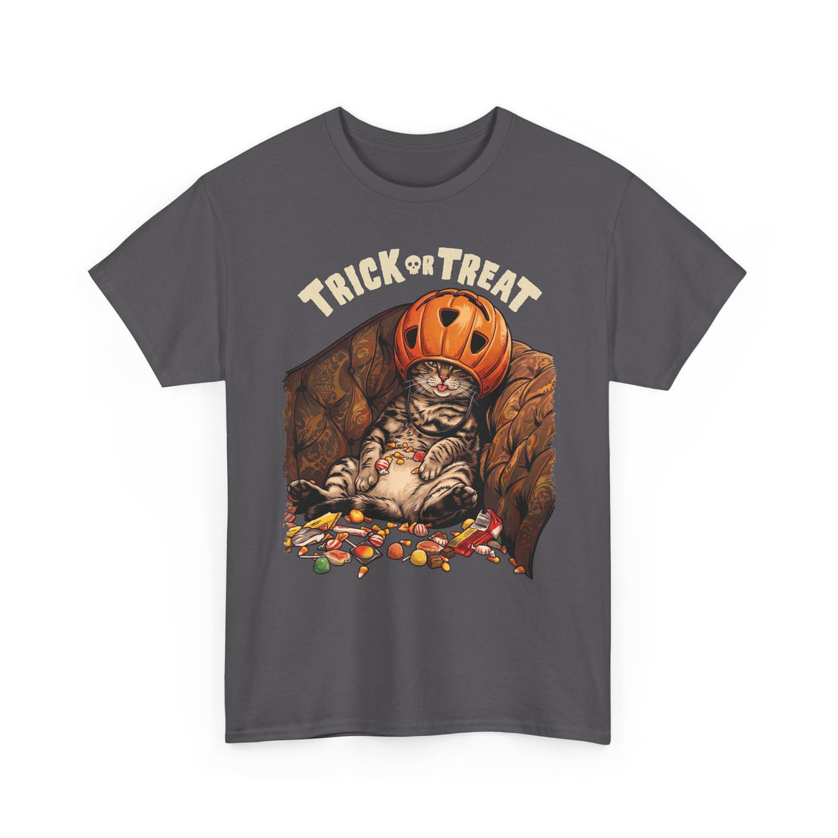 Trick Or Treat Pumpkin Helmet Cat T-Shirt — Funny Halloween Candy Coma Tee