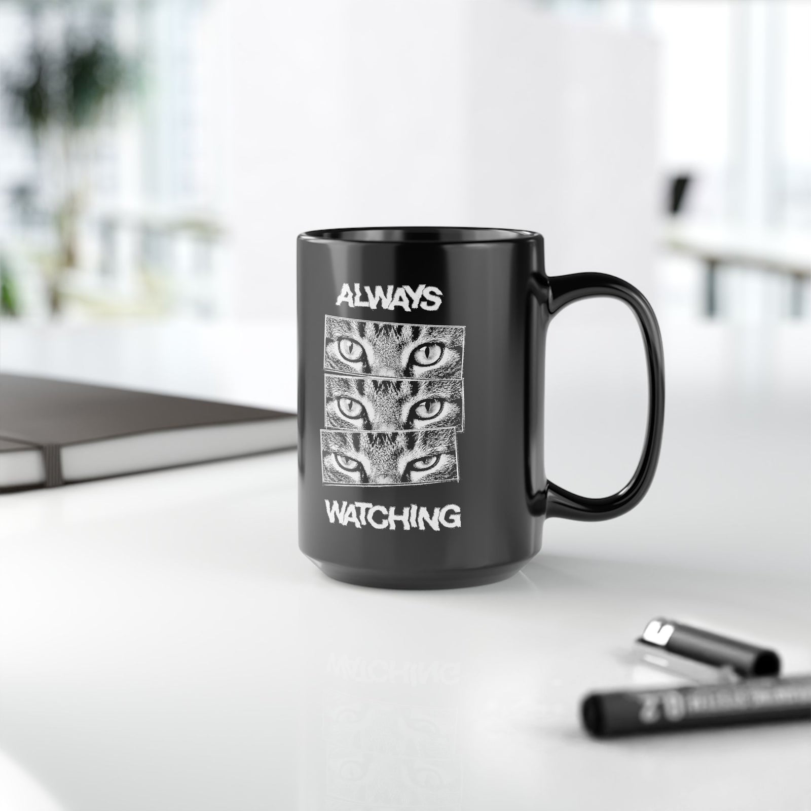 Always Watching Cat Black Mug — Funny Grunge Black and White Feline Eyes Mug