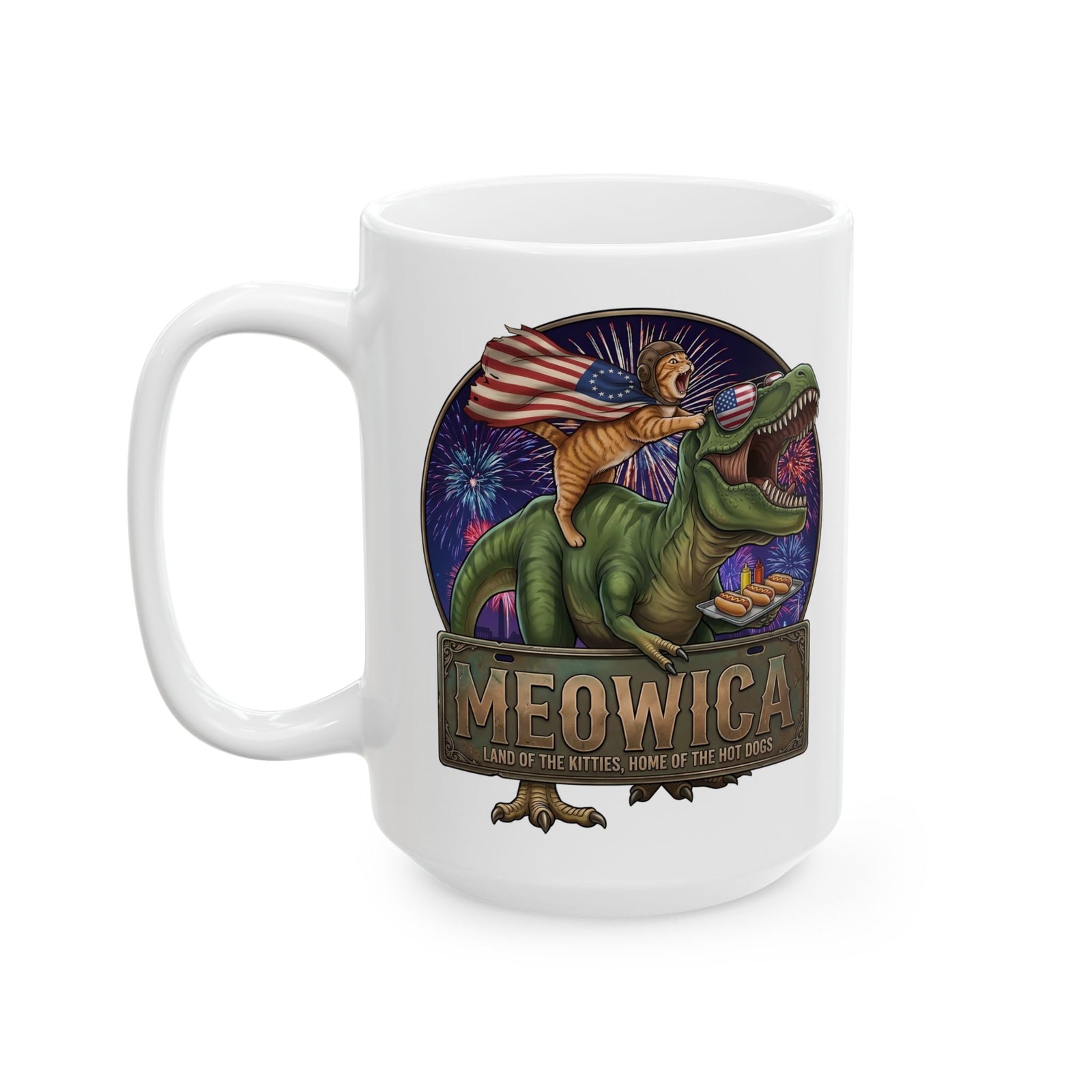 4th of July Cat Riding T‑Rex T‑Mug "Meowica: Land of the Kitties" Patriotic Graphic