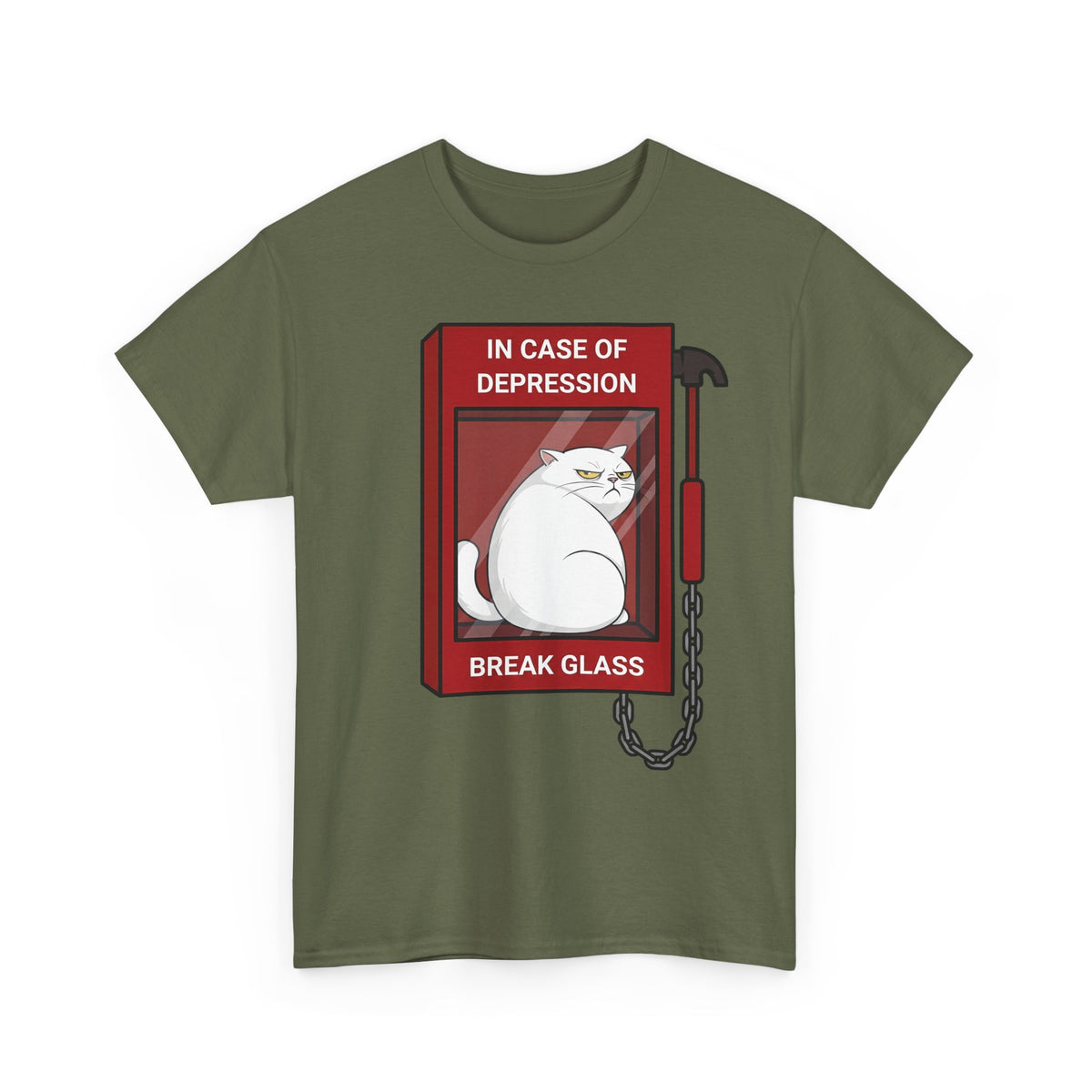 In Case Of Depression Break Glass T-Shirt — Funny Grumpy White Cat Emergency Tee