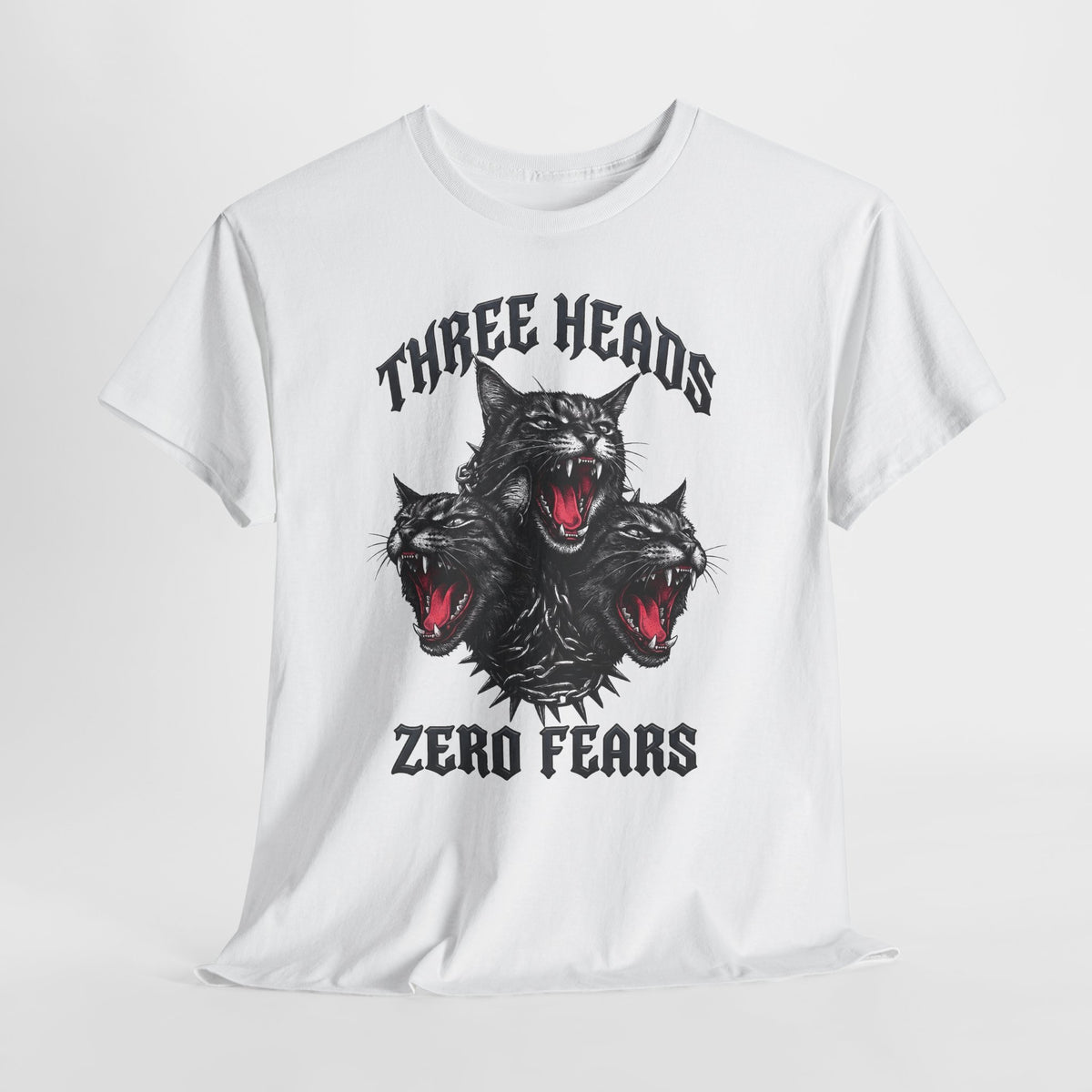 Three Heads Zero Fears Cerberus Cat Shirt — Gothic Metal Feline T-Shirt