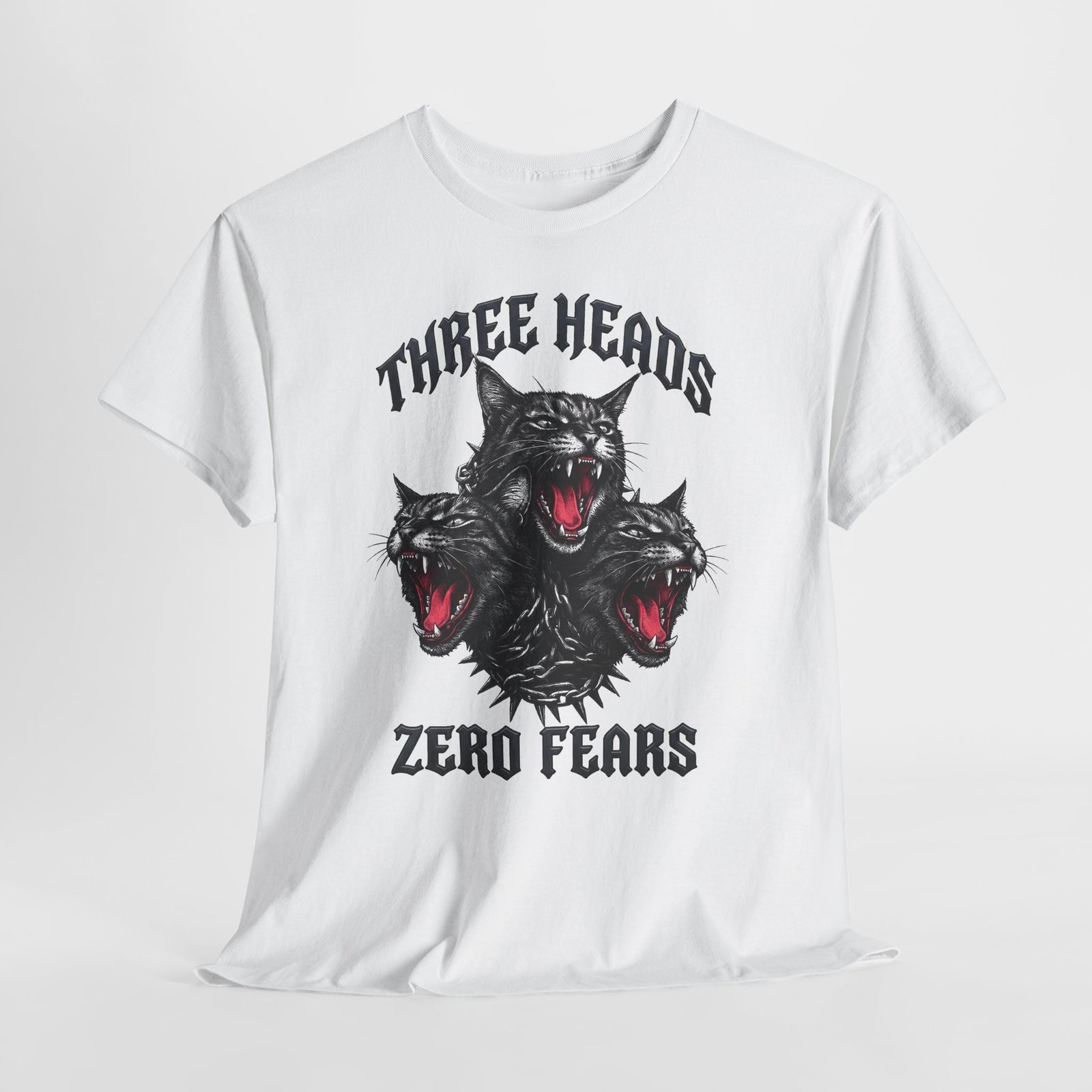 Three Heads Zero Fears Cerberus Cat Shirt — Gothic Metal Feline T-Shirt