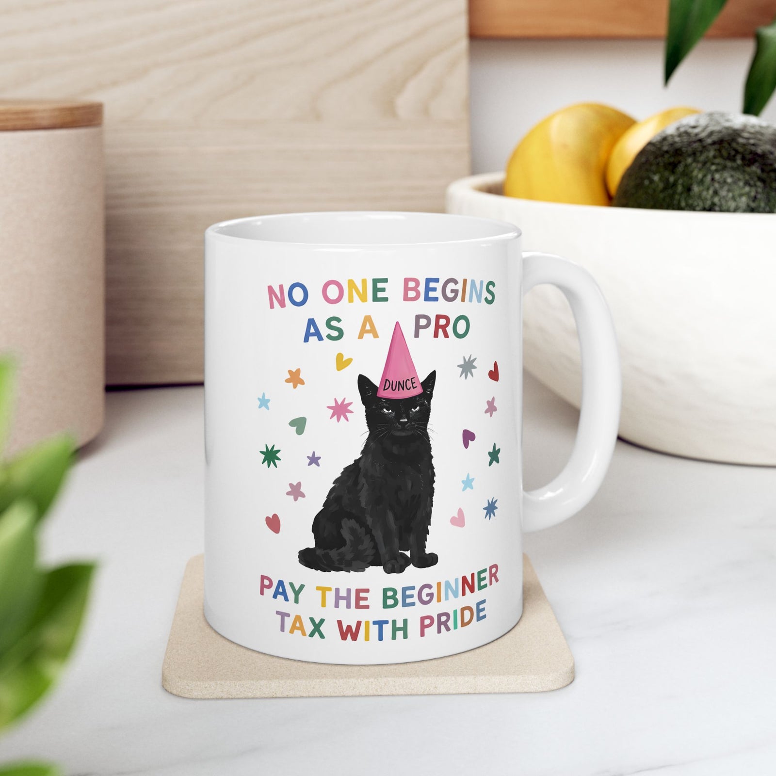 No One Begins As A Pro Ceramic Mug — Funny Black Cat Dunce Hat Beginner Tax Mug
