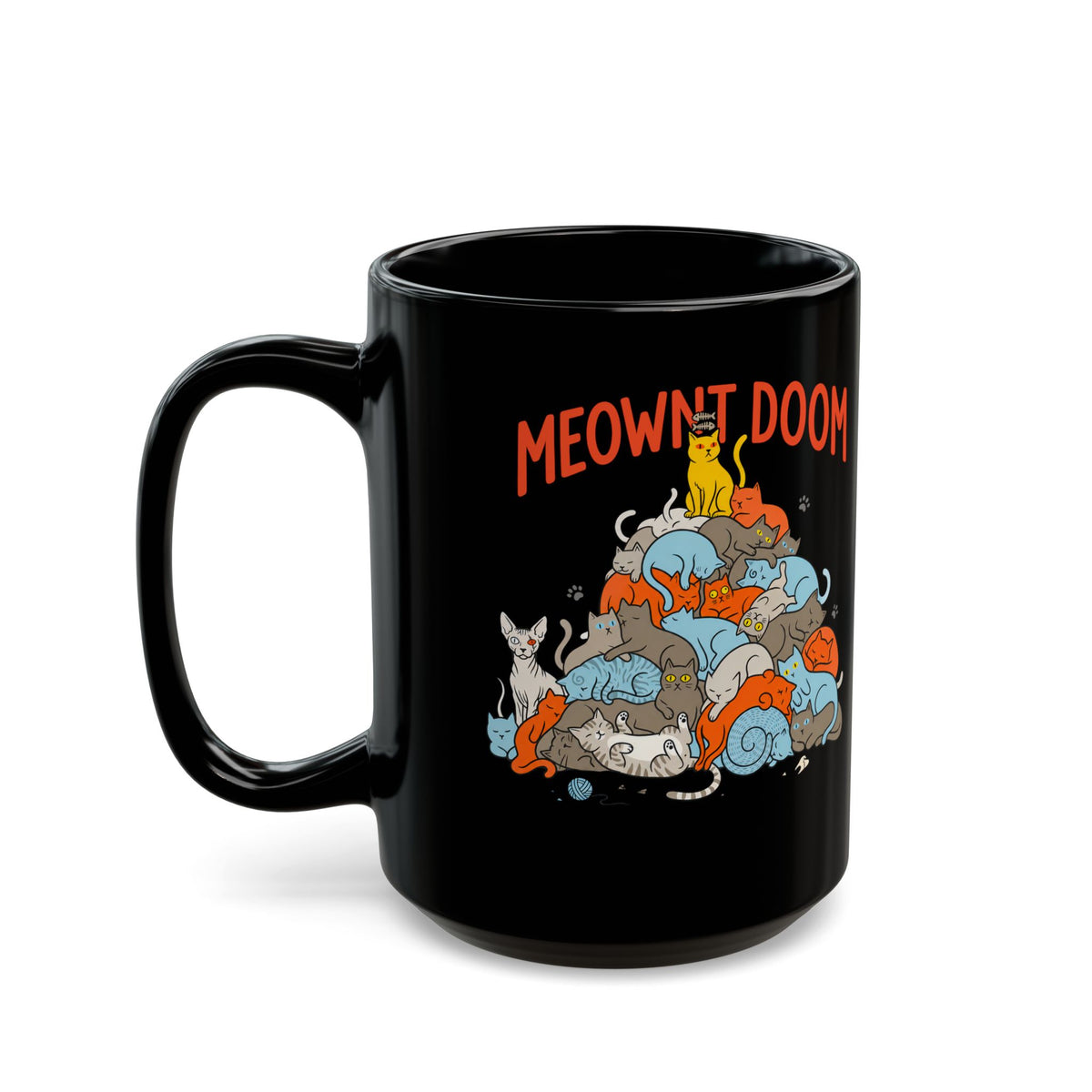 Meownt Doom Black Mug — Funny Cat 'meownt doom' Graphic Mug