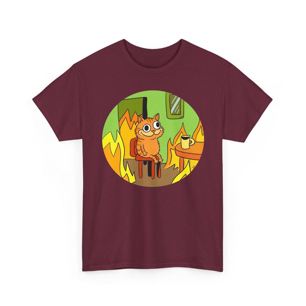 This Is Fine Orange Cat T-Shirt — Funny Meme Parody Feline Graphic Tee