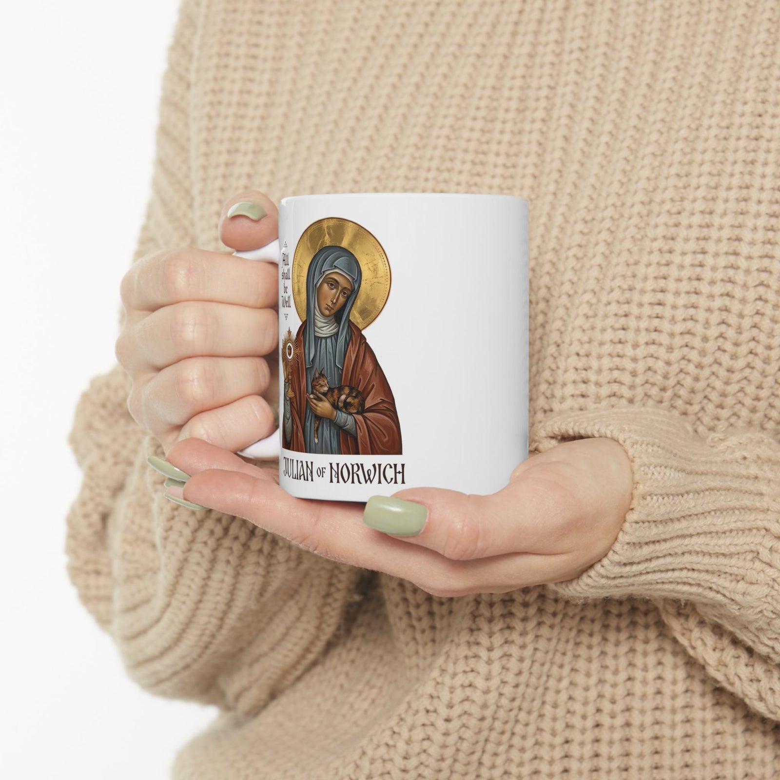 Julian of Norwich & Cat Ceramic Mug — Spiritual Saint Mug for Cat Lovers