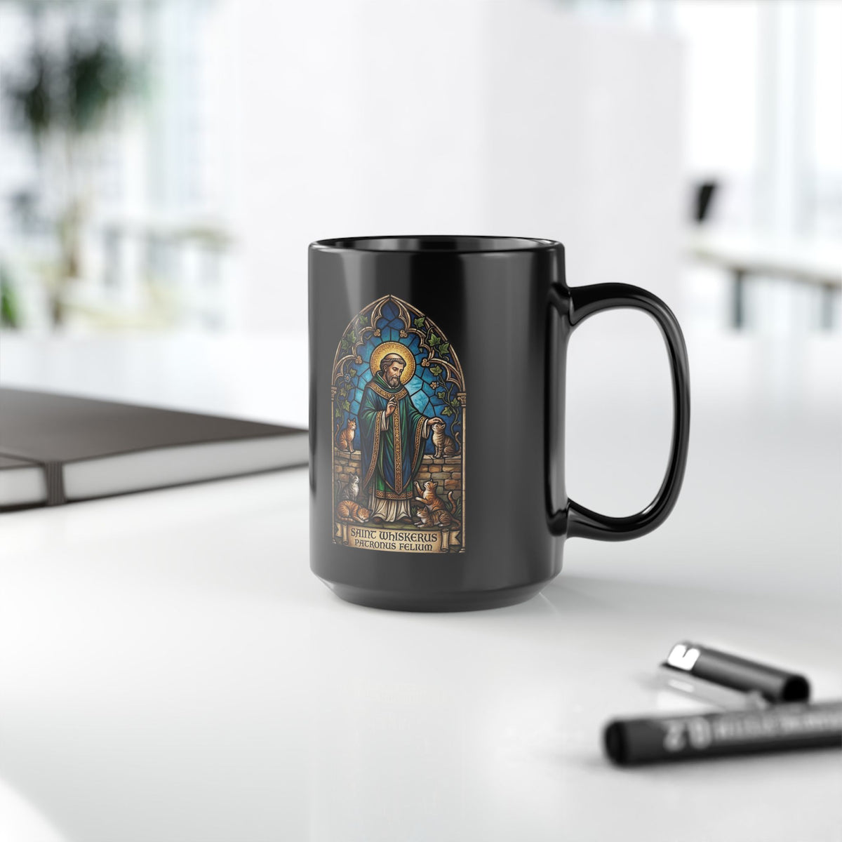 Patronus Felium 'Saint Whiskerus' Black Mug