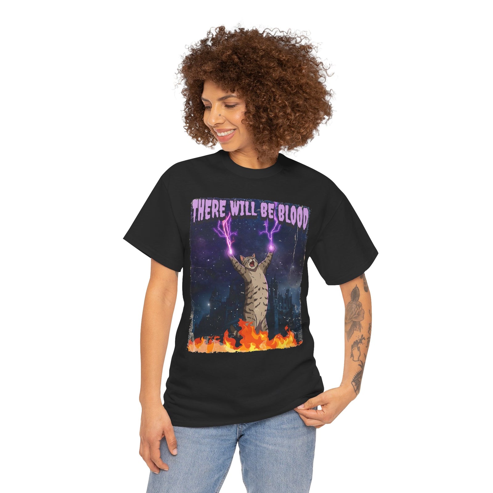 There Will Be Blood Cat T‑Shirt – Gothic Fire Magic Graphic Tee