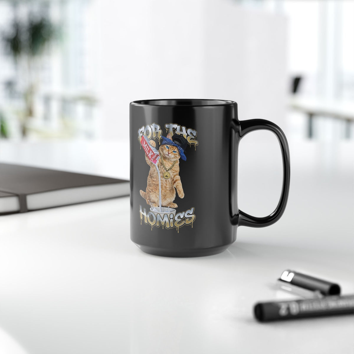 For The Homies Cat Black Mug Funny Gangster Cat Graphic Mug, Milk Pouring Cat Mug, Street Style Cat Lover Gift, Unisex Cotton Black Mug