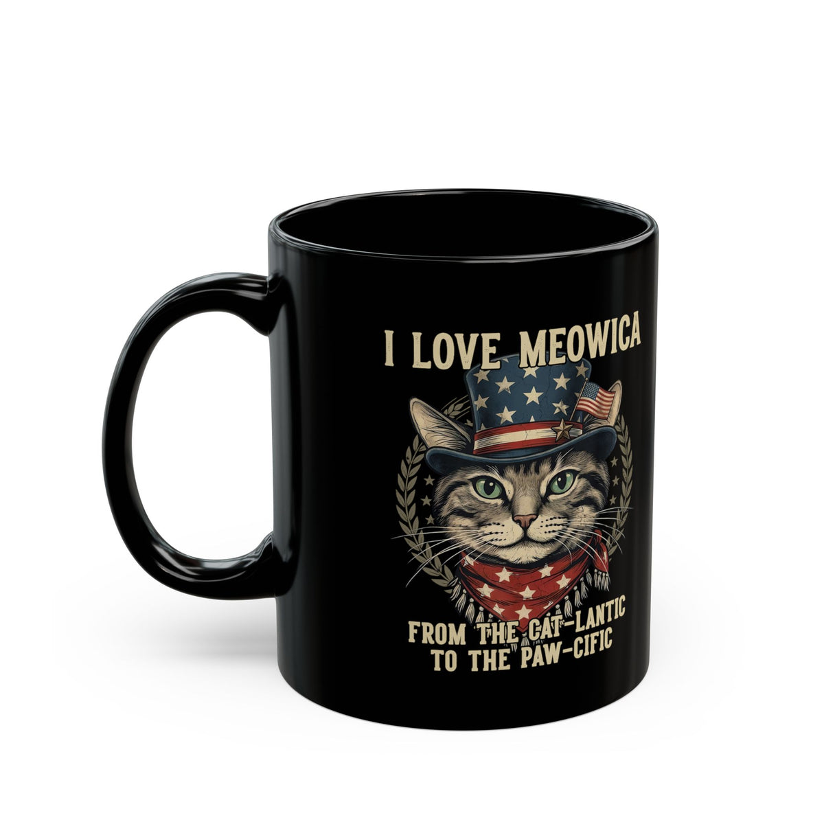 I Love MEOWICA Cat Black Mug — From the Cat-lantic to the Paw-cific