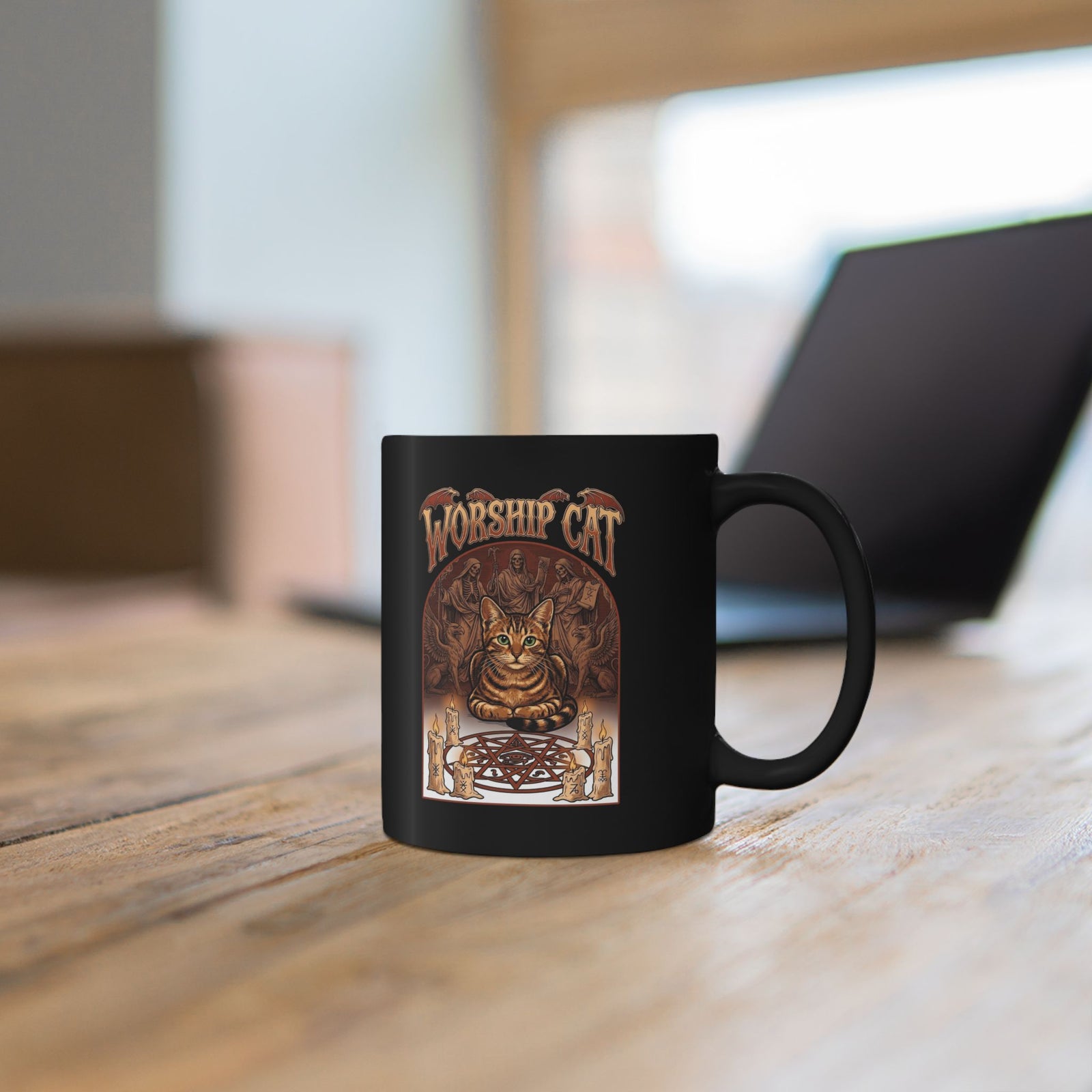 Worship Cat Black Mug — Cute Cat Faith Graphic Mug