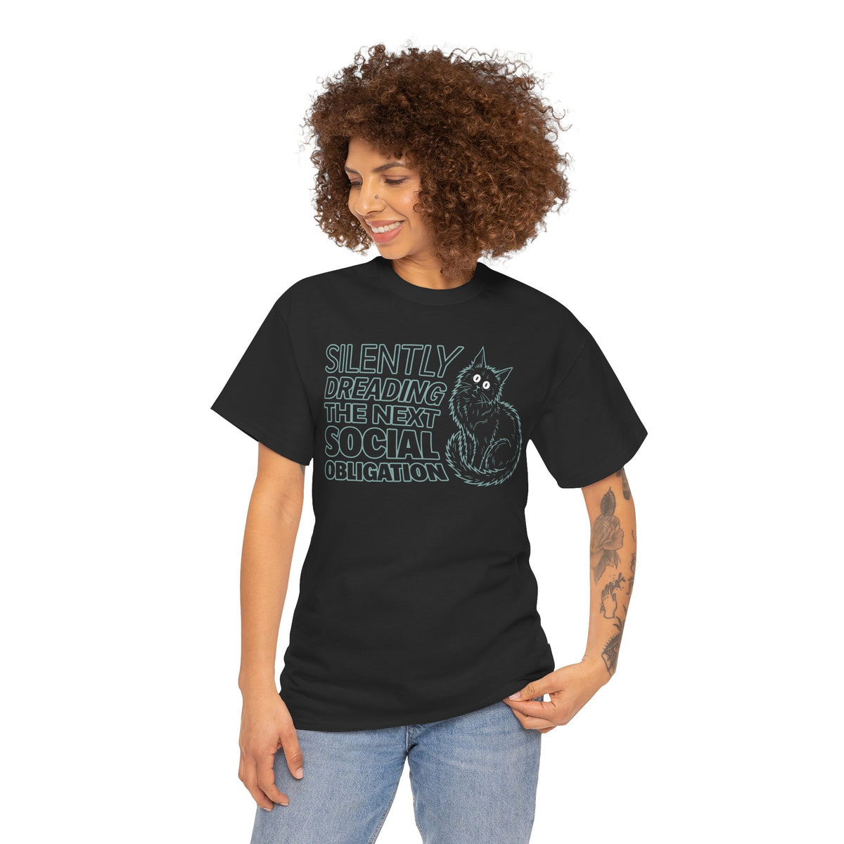 Introvert Cat T-Shirt — "Silently Dreading the Next Social Obligation"
