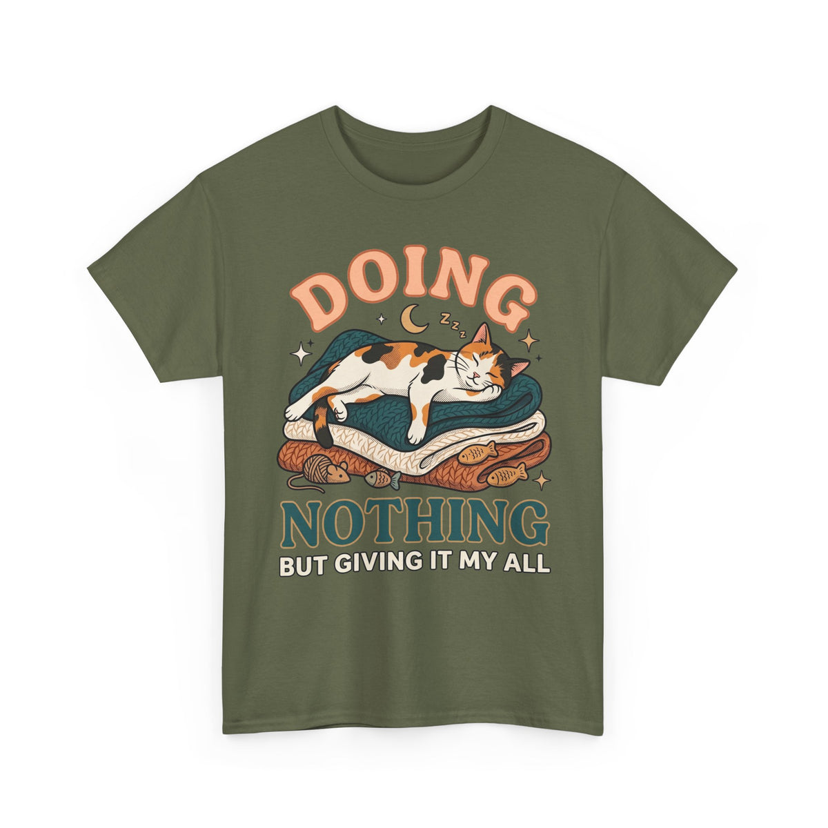 Doing Nothing Cat T‑Shirt Retro Calico Cat “Doing Nothing But Giving It My All” Graphic Tee