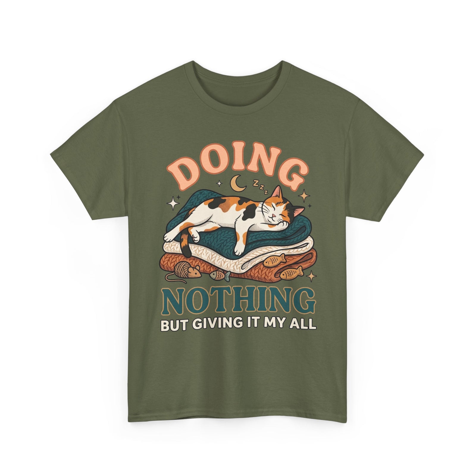 Doing Nothing Cat T‑Shirt Retro Calico Cat “Doing Nothing But Giving It My All” Graphic Tee