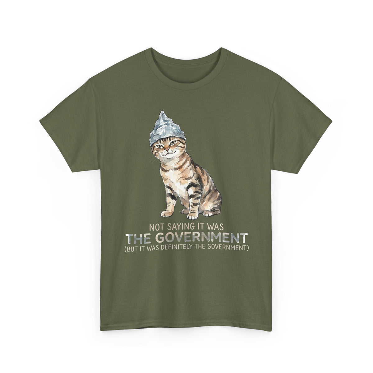 Conspiracy Cat T-Shirt — Funny Tin Foil Hat Cat Tee (“Not Saying It Was The Government”)