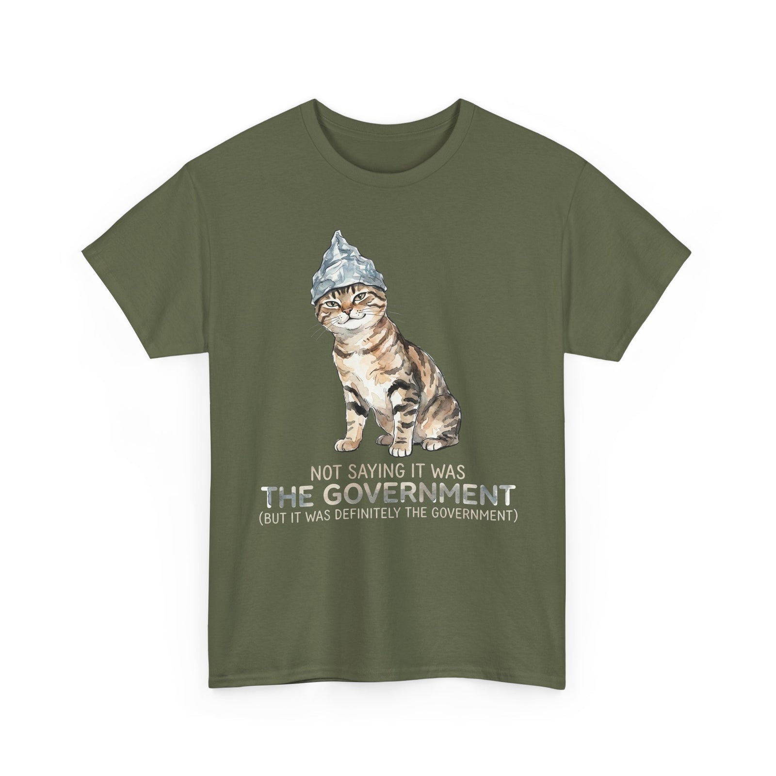 Conspiracy Cat T-Shirt — Funny Tin Foil Hat Cat Tee (“Not Saying It Was The Government”)