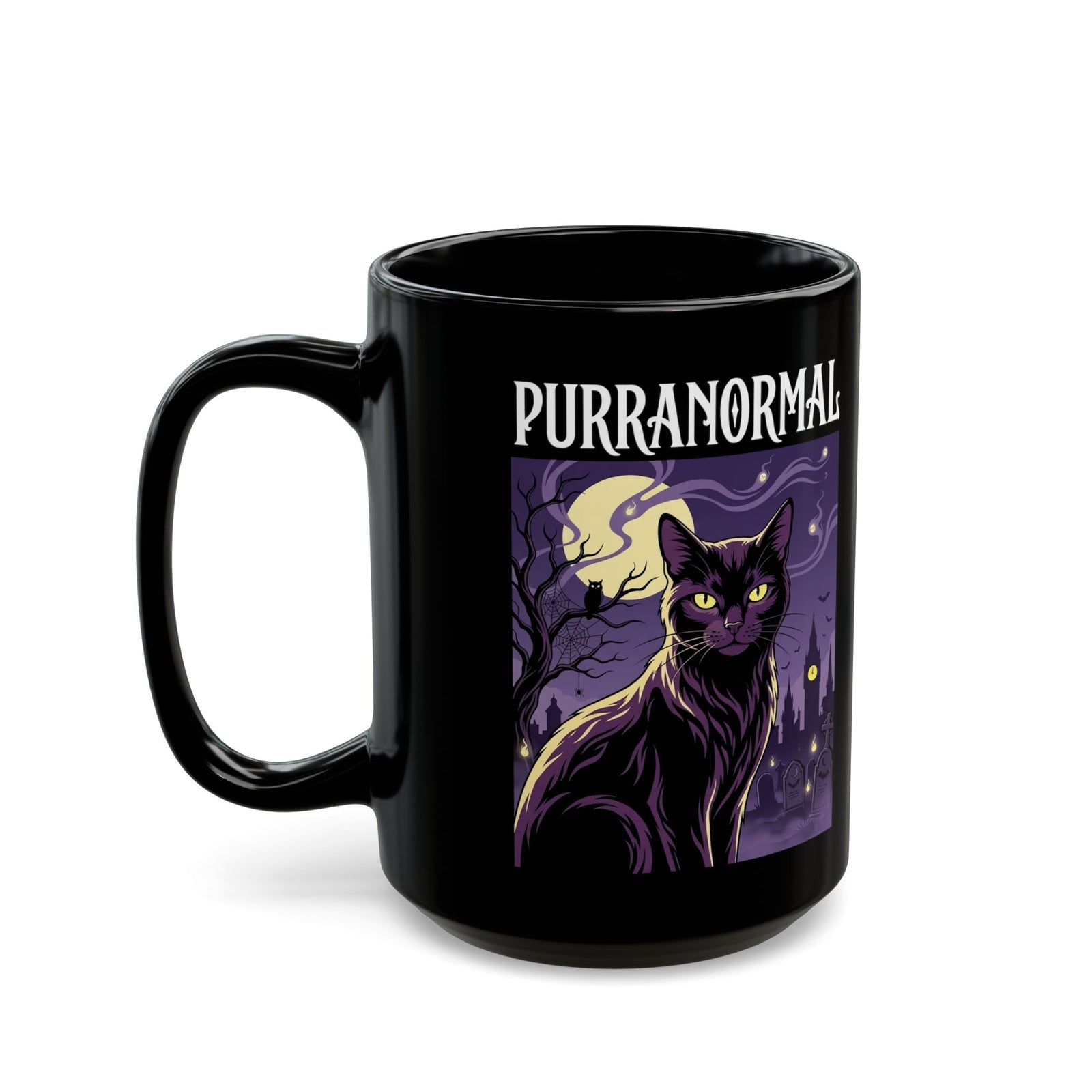 Purranormal Cat Black Mug — Paranormal Cat Spooky Cat Graphic Mug