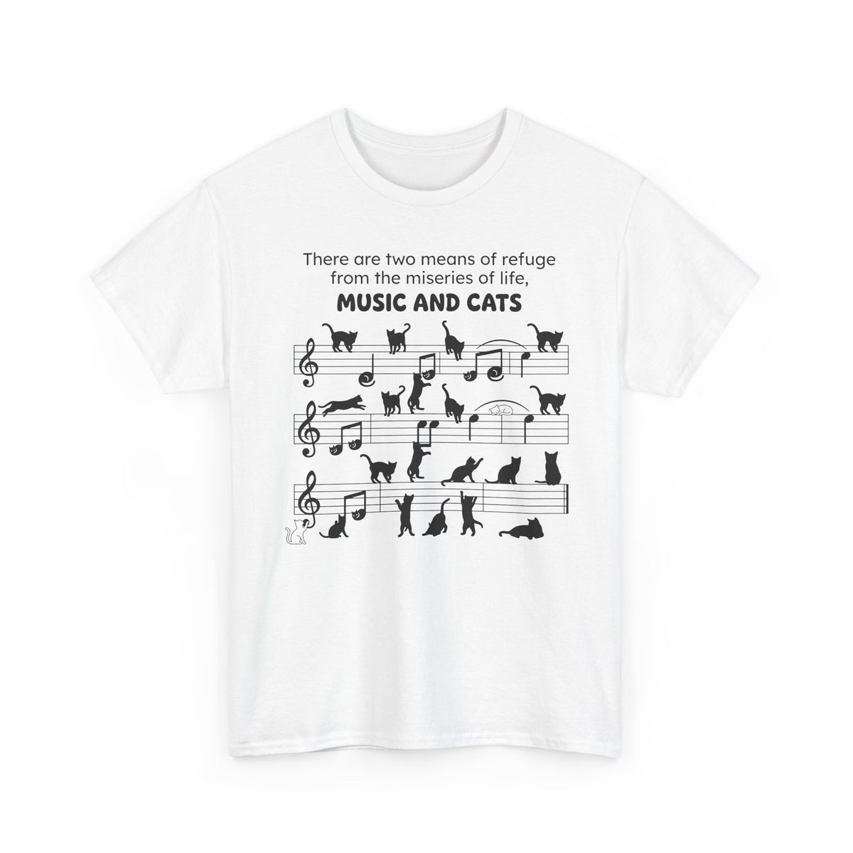 Music and Cats T-Shirt — Graphic Tee with Musical Score and Cat Silhouettes