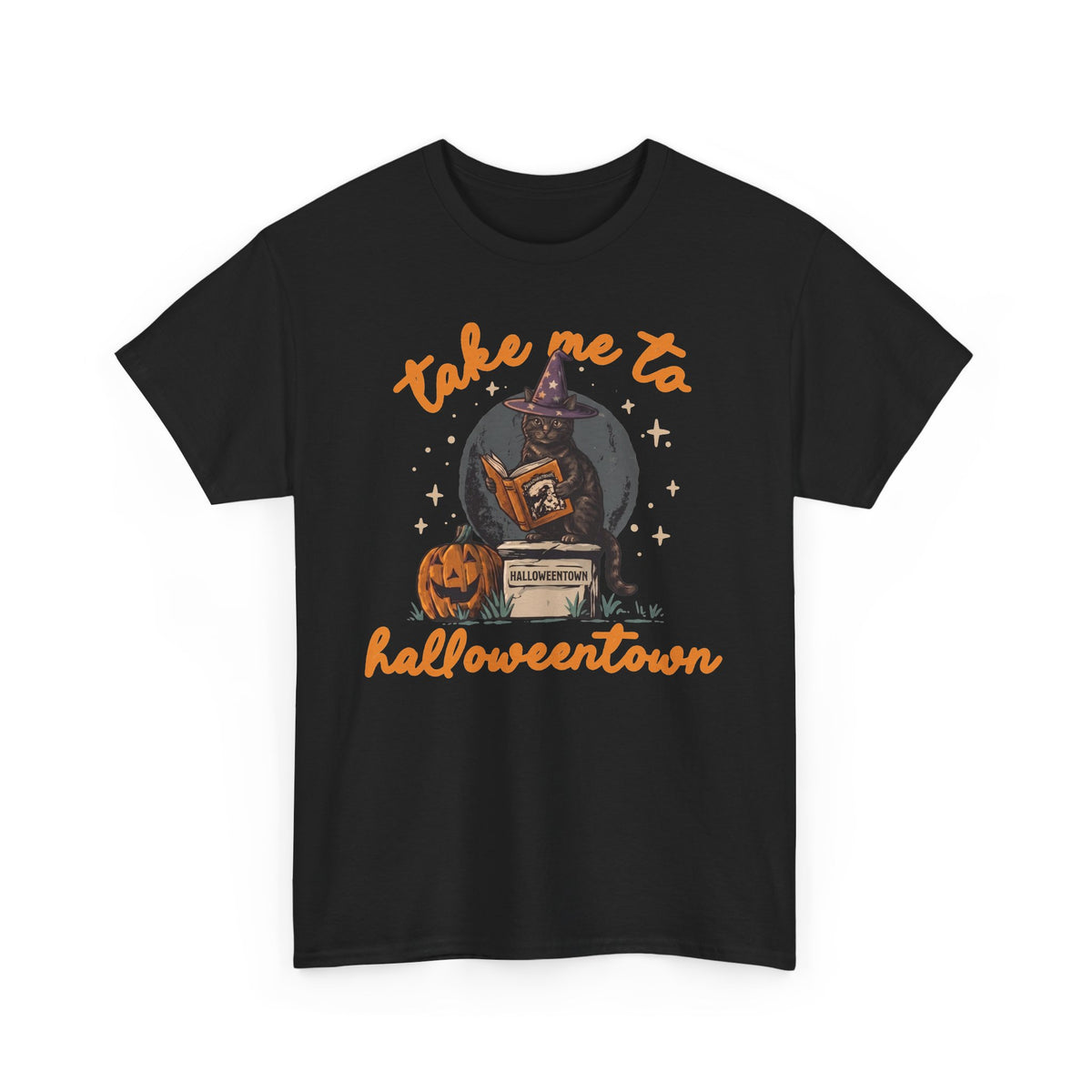 Take Me To Halloweentown Black Cat T-Shirt — Witchy Spellbook Kitten Tee