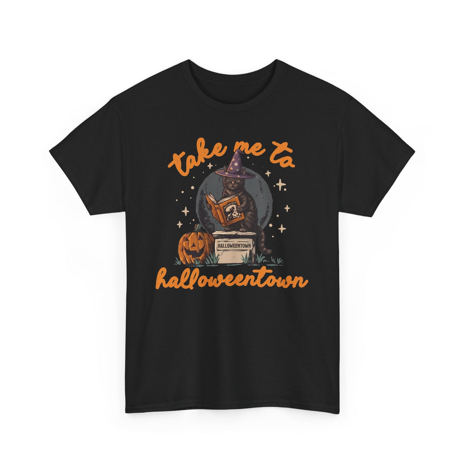 Take Me To Halloweentown Black Cat T-Shirt — Witchy Spellbook Kitten Tee